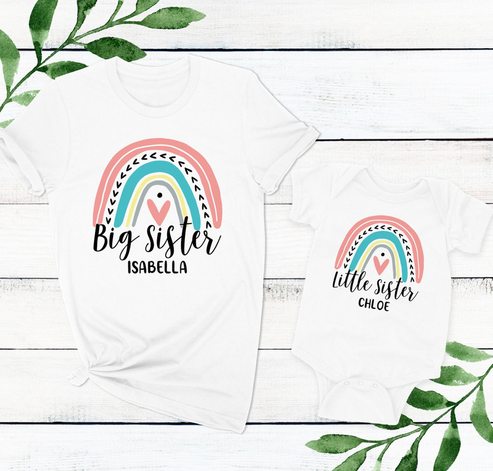 Boho Rainbow Big Sister Shirt with Name - Personalized Matching Sister Shirts - Girls New Big Sister Gift - Matching Big Sister Shirts, Middle Sister  Shirts, & Little Sister Baby Outfits