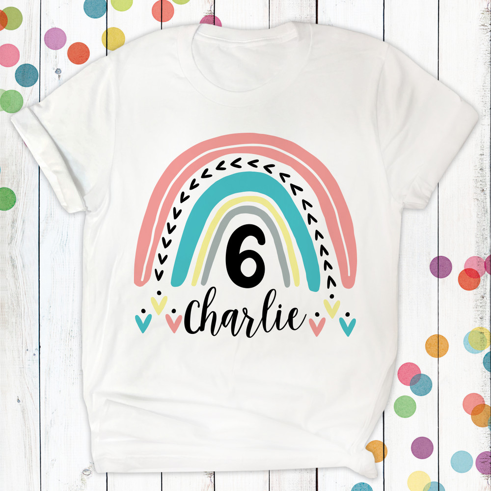 Personalized Boho Rainbow Birthday Girl T-Shirt - 6th Birthday Shirt for Girls - Custom Birthday Girl Shirt with Pink Pastel Rainbow