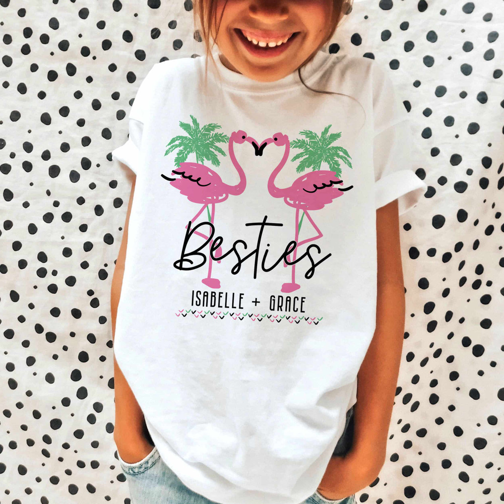 Customized Best Friends Shirts for Girls - Flamingo and Palm Tree Outfits with Names - Personalized Besties Shirts for Little Girls - Pink Flamingo Outfit for Toddler Girls