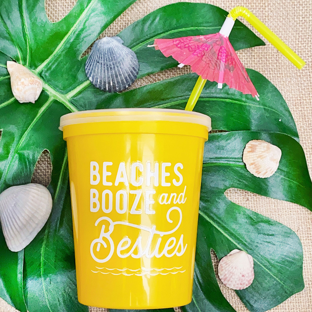 Beaches Booze and Besties Yellow 16 oz Plastic Tumbler Stadium Cup with Lids and Reusable Bendy Straw