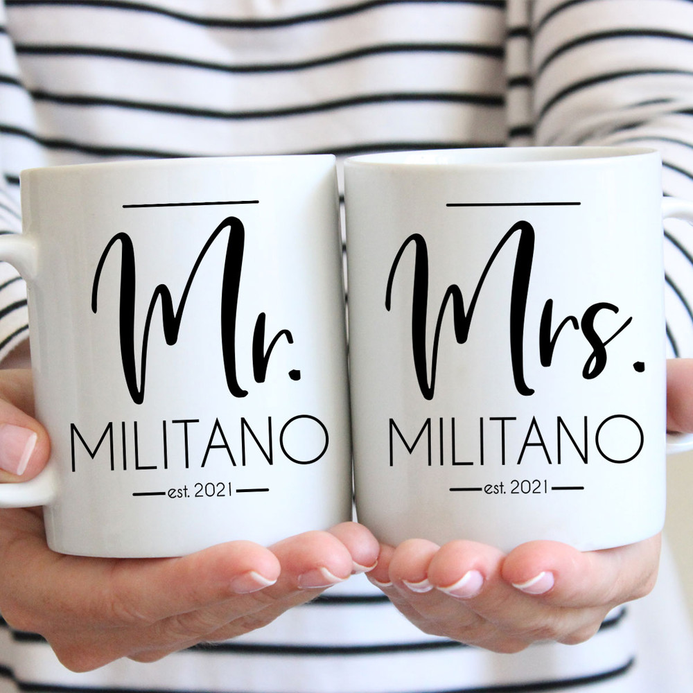 Personalized Modern Mr. & Mrs. Mug Set - Custom Wedding Mugs for Bride and Groom