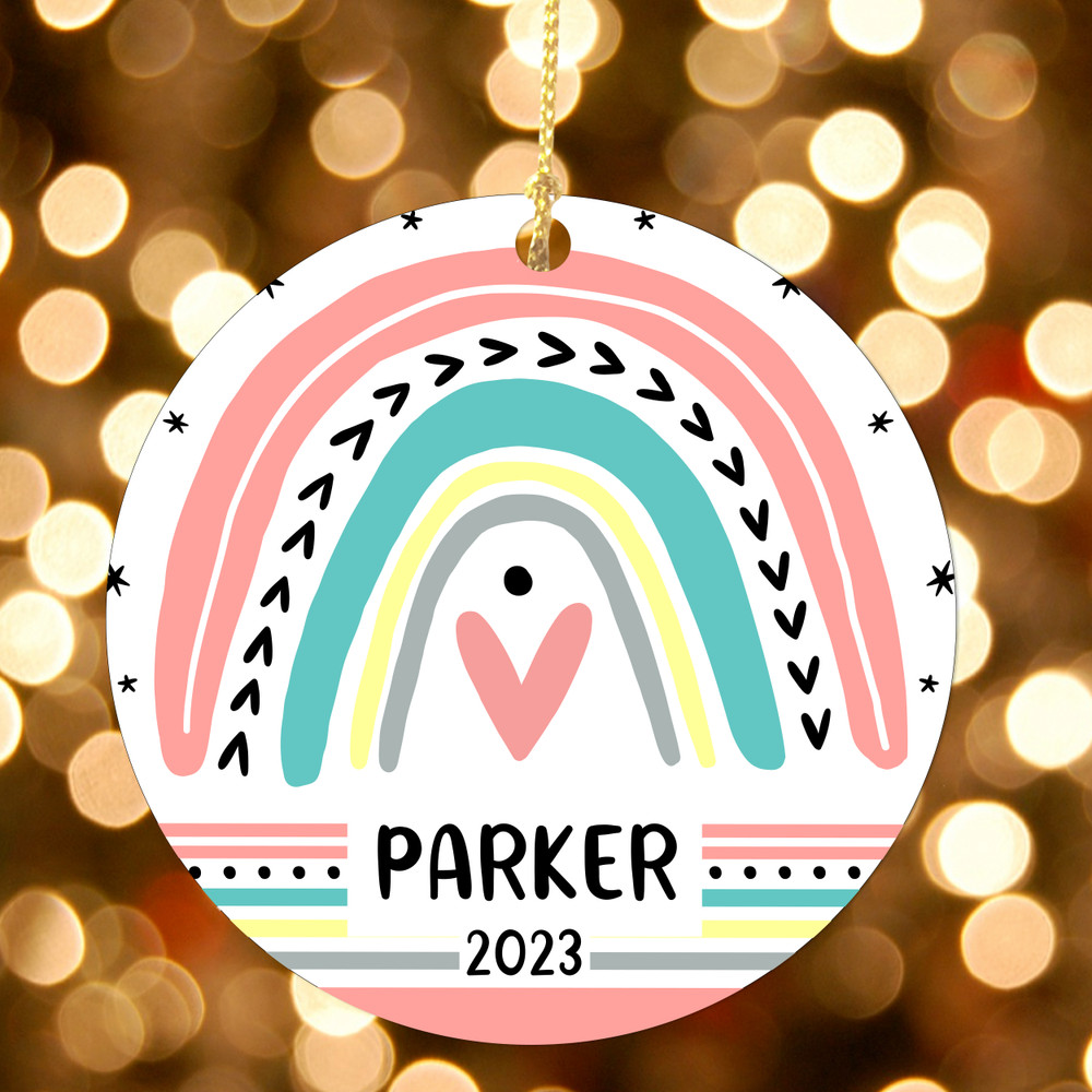 Personalized Mod Rainbow 2023 Keepsake Christmas Ornament for Girls - Pastel Pink Boho Holiday Tree Decorations - Custom Christmas Ornament with Name