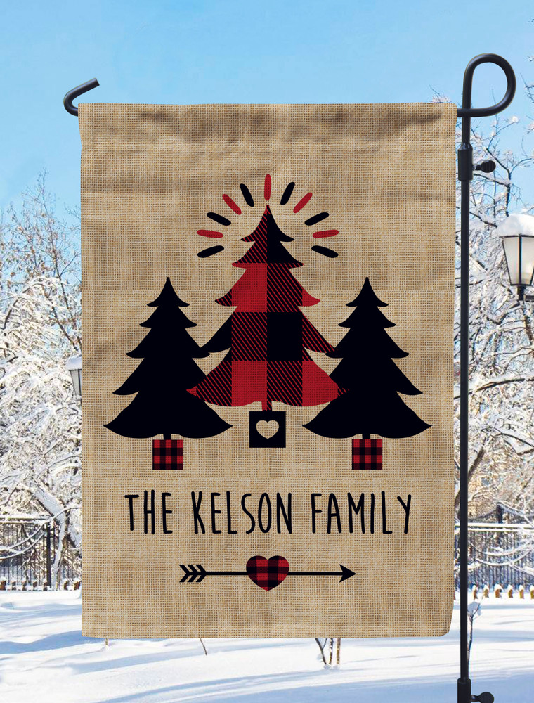 Personalized Perfectly Plaid Trees Burlap Garden Flag - Custom Christmas Outdoor Decor