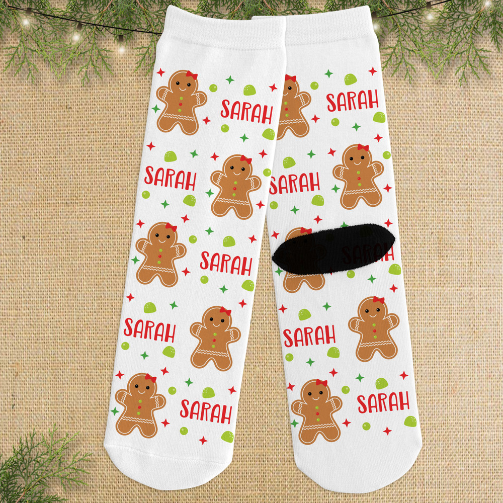 Custom Kids Christmas Socks - Gingerbread Cookie Pattern Socks for Children - Toddler Girl Holiday Socks