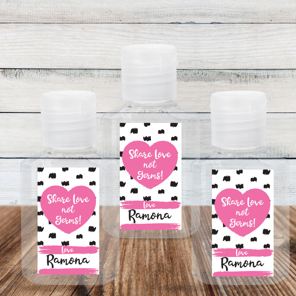 Valentine's Day Hand Sanitizer Labels & Travel Size Bottle - Personalized Valentines Day Sanitizer Stickers - Custom Valentines Sanitizer Labels for Kids - Share Love Not Germs - Modern Minimalist Pink Heart and Black and White Polka Dots Design Decal