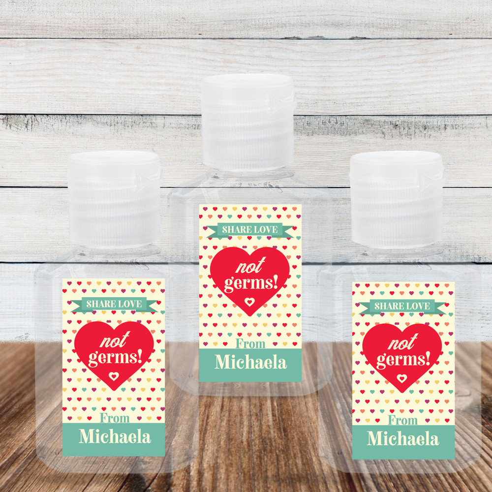 Valentine's Day Hand Sanitizer Labels & Travel Size Bottle - Personalized Valentines Day Sanitizer Stickers - Custom Valentines Sanitizer Labels for Kids - Share Love Not Germs - Retro Vintage Heart Design Decal