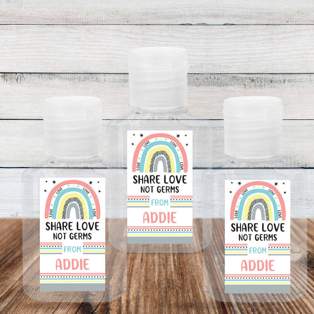 Valentine's Day Hand Sanitizer Labels & Travel Size Bottle - Personalized Valentines Day Sanitizer Stickers - Custom Valentines Sanitizer Labels for Kids - Share Love Not Germs - Pastel Boho Rainbow Design Decal