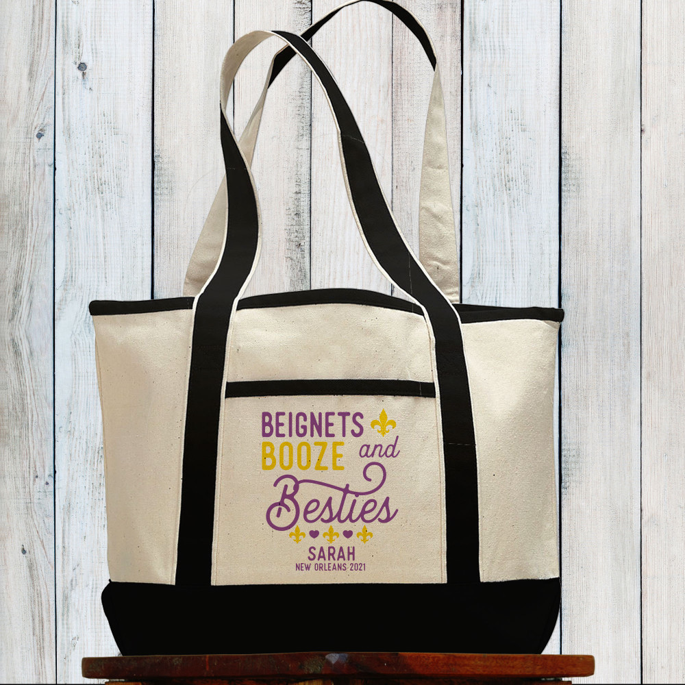 New Orleans Tote Bags - Large Custom Canvas Tote Bags - Personalized Beach Bags - Beignets Booze and Besties Bags - Weekend Carryall for Travel + Vacation