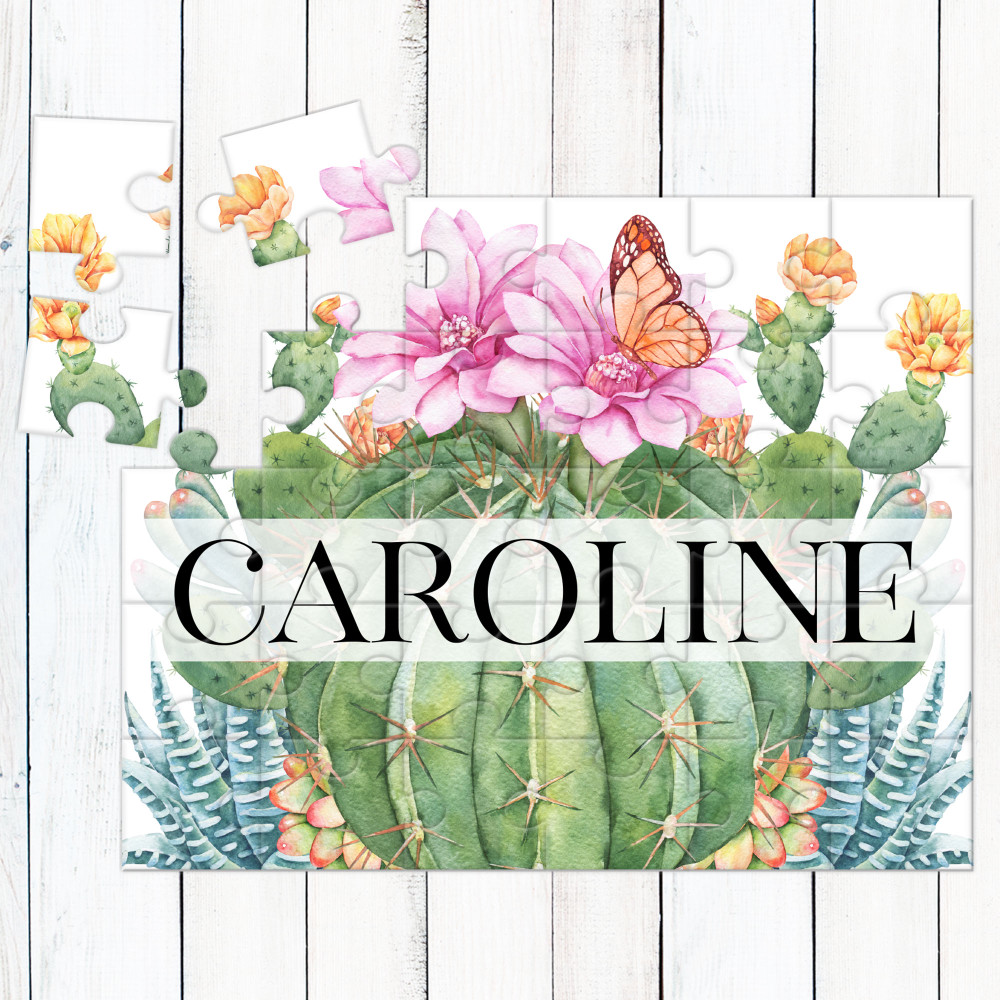 Personalized Kids Puzzles for Girls with Cactus Flower + Butterfly