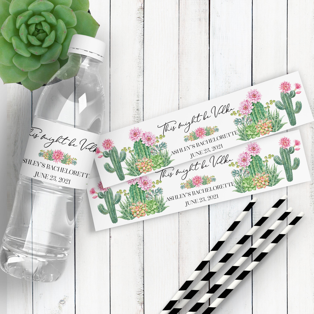 Personalized Baby Shower Water Bottle Labels: Floral Cactus & Succulent Theme Favor Stickers - This Might Be Vodka