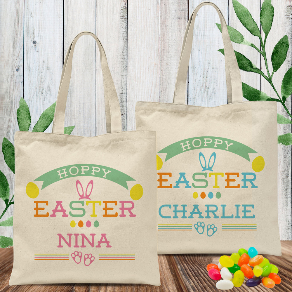 Personalized Easter Egg Hunt Bags for Kids - Hoppy Easter Gift Bags for Children - Bunny Ears Bag - Bunny Rabbit Bag with Name - Customized Canvas Tote Bags