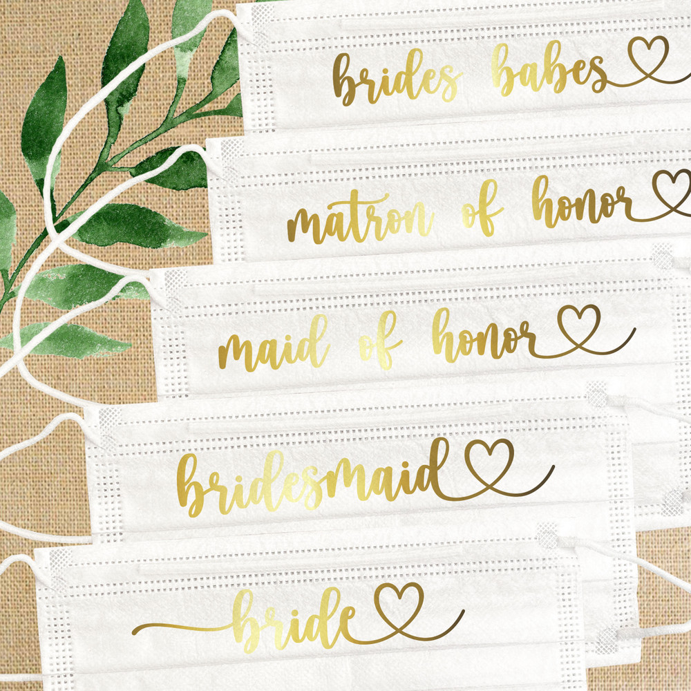 In Love Bridal Party Disposable Face Masks - Bride, Bridesmaid, Maid of Honor, Matron of Honor, Flower Girl, I Do Crew, Brides Babes - Metallic Gold