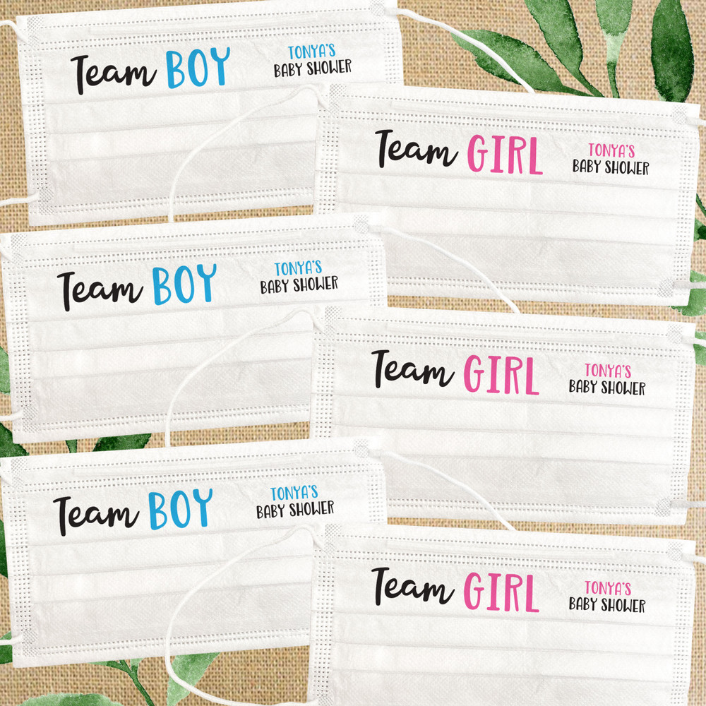 Personalized Team Boy + Team Girl Disposable Baby Shower Masks - Custom Bulk Face Masks for Gender Reveal Party