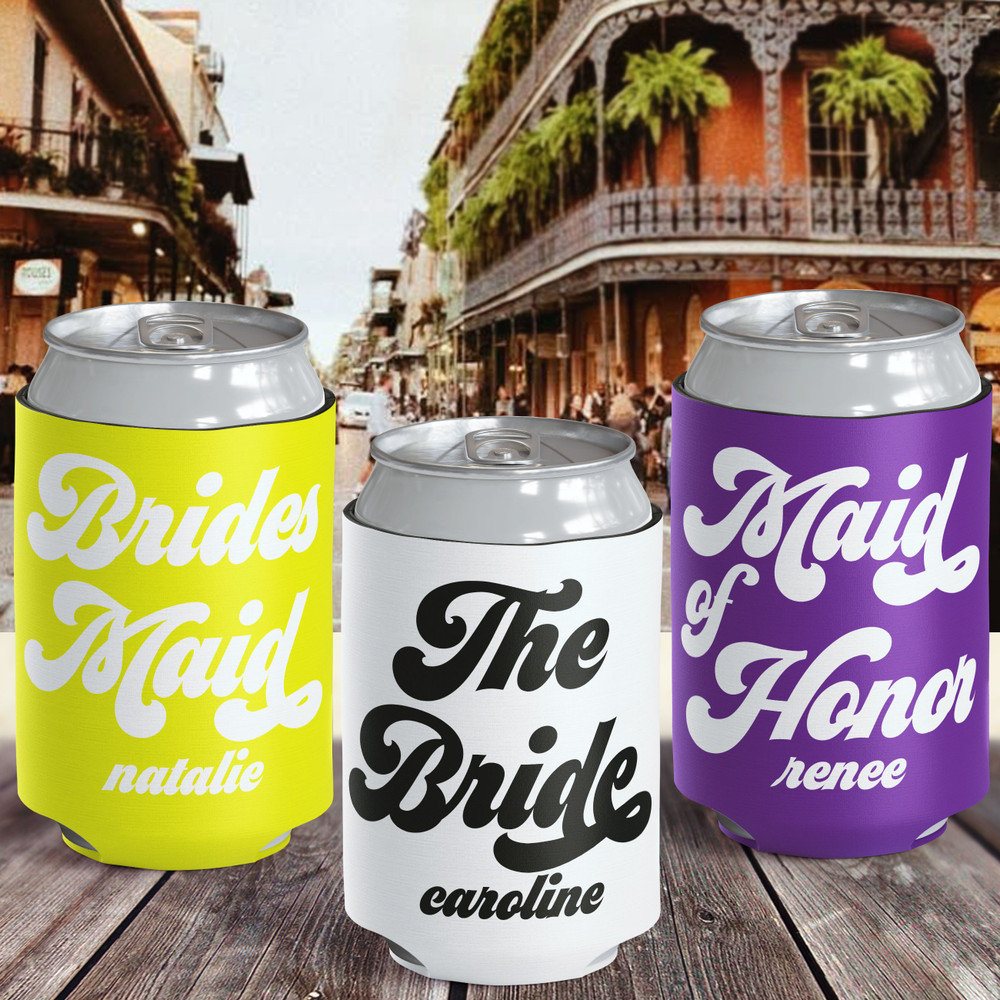 Retro New Orleans Bachelorette Party Custom Can Coolers in Purple, Yellow Gold, Black and White