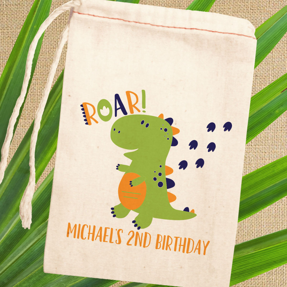 Roaring T Rex Dinosaur Favor Bags - Drawstring Canvas Gift Bags for Dino Birthday Party