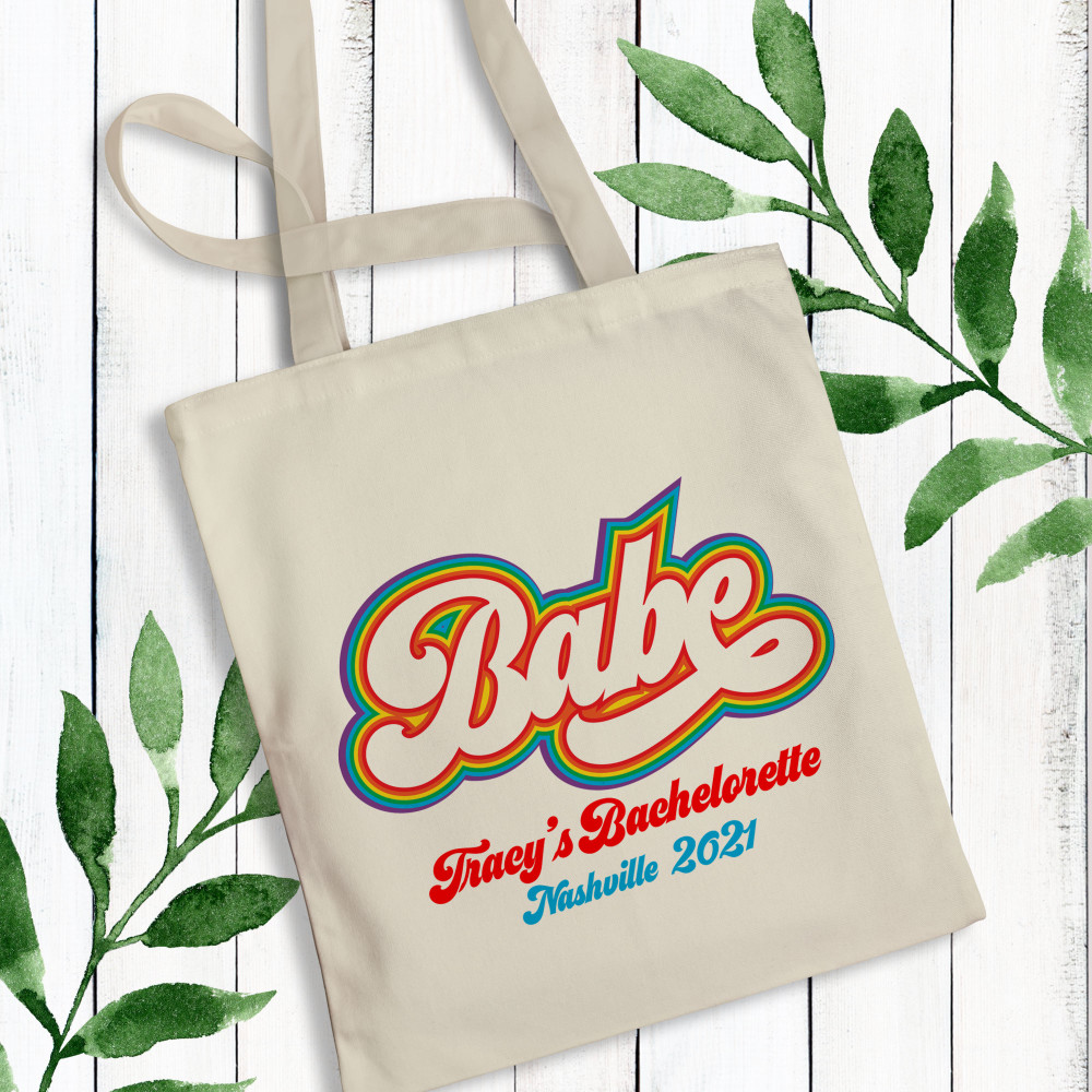 Retro Rainbow Bachelorette Party Bags - Custom Tote Bags for Bride and Babe - Personalized Canvas Tote Bags - Lesbian Bachelorette Party Gifts - Gay Wedding Celebration