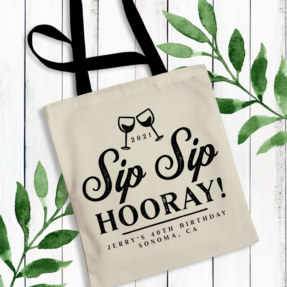 Sip Sip Hooray Custom Wine Tote Bags for Wine Tasting, Winery Tour, Wine Theme Birthday Party