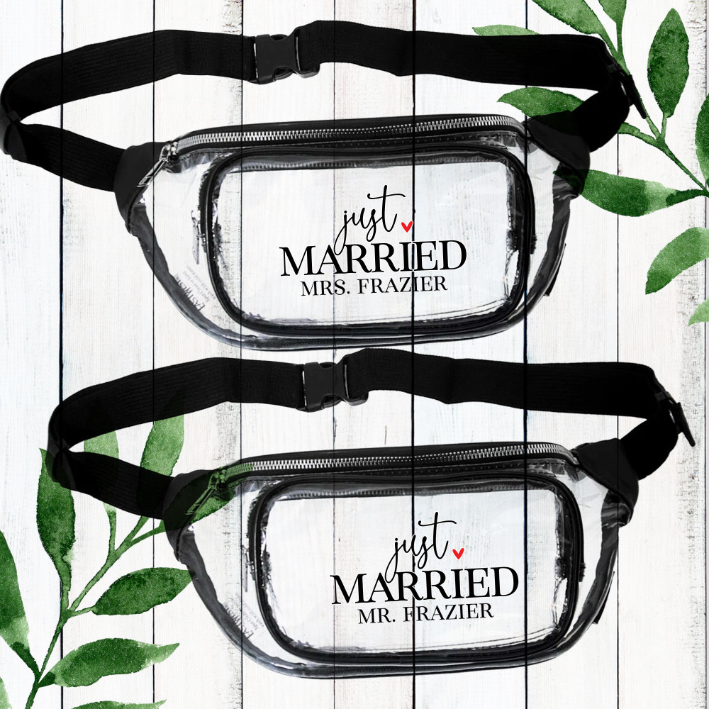 Just Married Fanny Packs - Clear Custom Fanny Packs for Women + Men - Personalized Honeymoon Mr. and Mrs. Bags + Gifts for Newlyweds