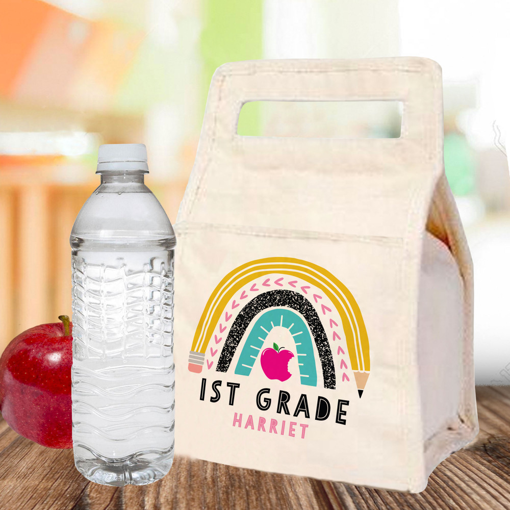Personalized Kids Lunch Tote - Rainbow Canvas School Lunch Bag for Girls - 1st Grade Gifts
