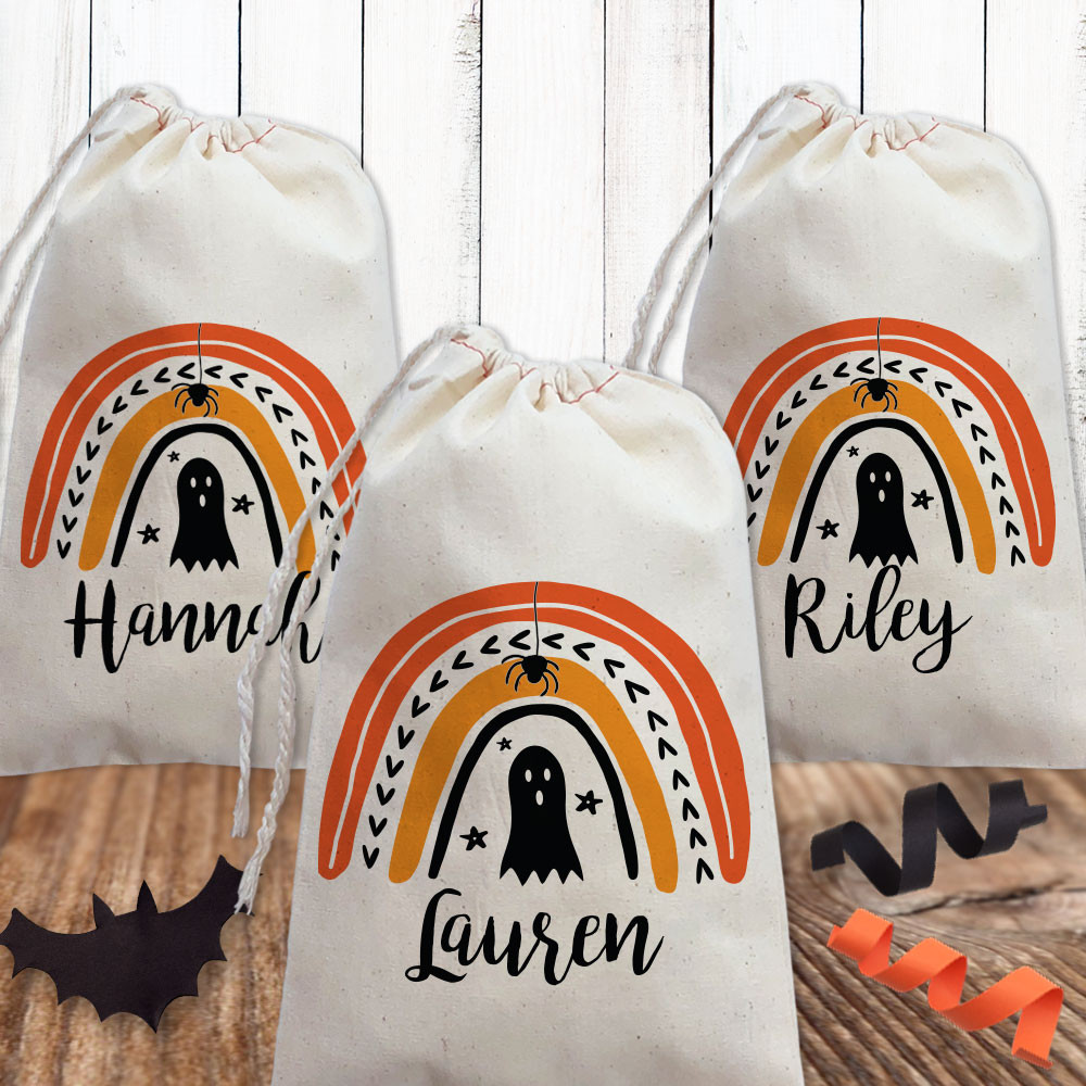 Mod Halloween Rainbow Gift Bags - Custom Halloween Party Favor Bags - Personalized Canvas Favor Bags