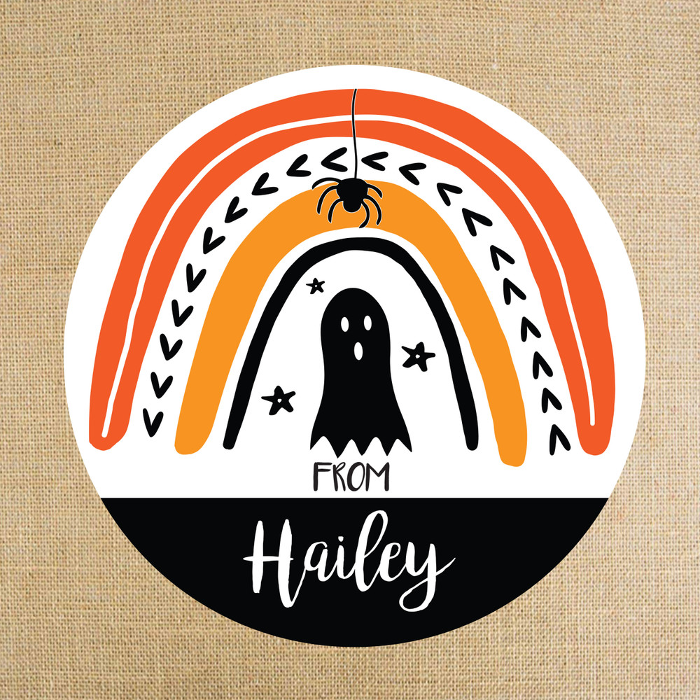 Personalized Round Halloween Favor Labels for Kids - Mod Rainbow and Ghost Halloween Favor Stickers