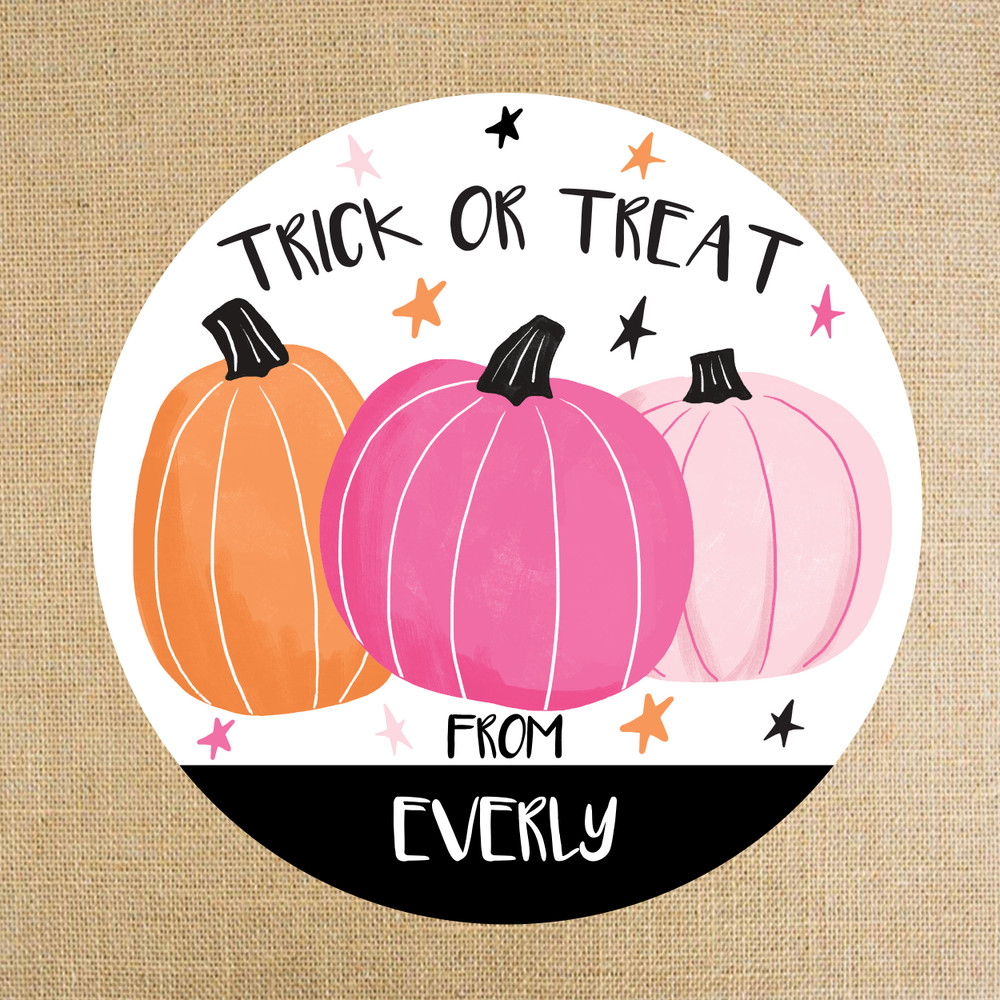 Personalized Round Halloween Favor Labels for Kids - Pink Pumpkin Halloween Favor Stickers