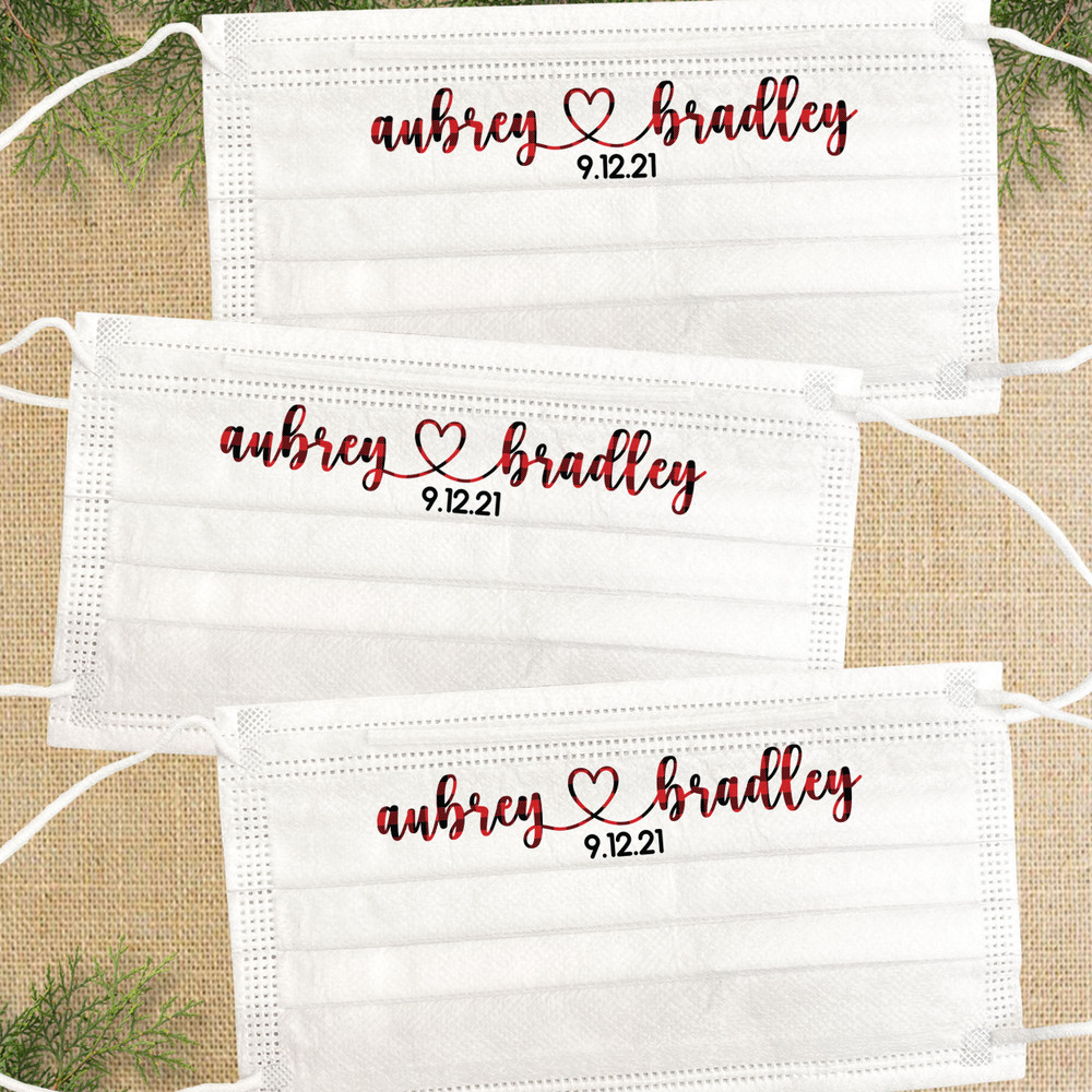 Plaid In Love Disposable Wedding Masks - Custom Wedding Guest Masks with Couples Names and Heart