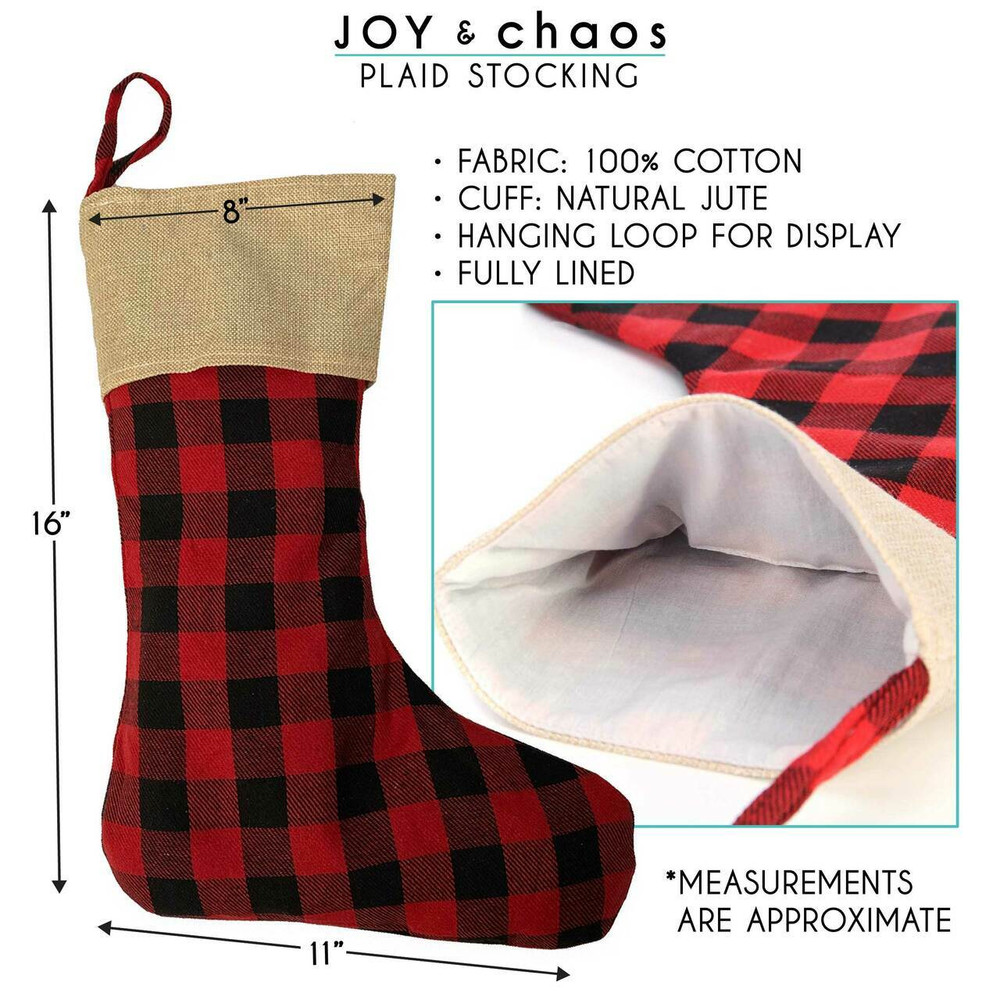 Personalized Buffalo Check Plaid and Burlap Christmas Stockings | Joy & Chaos