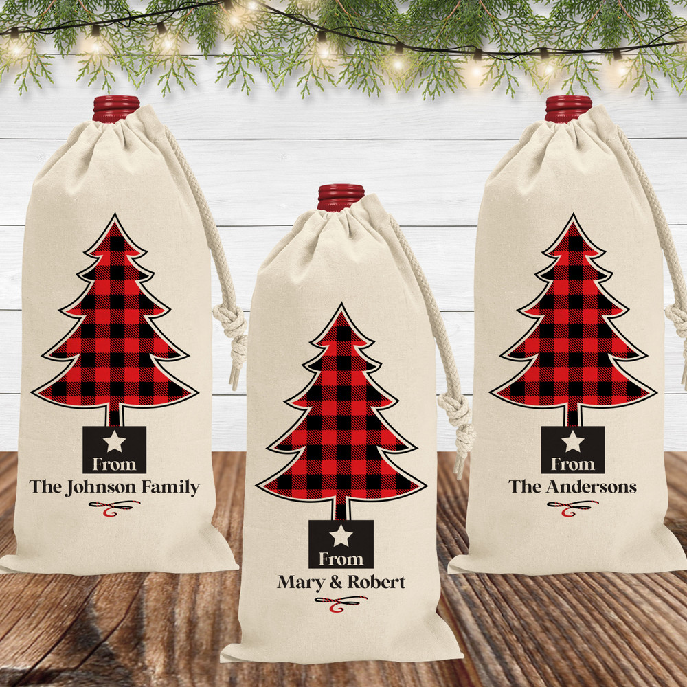 Custom Christmas Wine Bags - Red Plaid Holiday Wine Bags - Personalized Canvas Wine Gift Bags