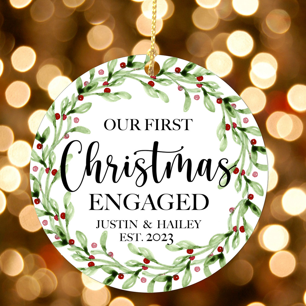 Watercolor Holly Personalized "Our First Christmas Engaged" Ornament - Customized Christmas Ornaments for Newly Engaged Couples