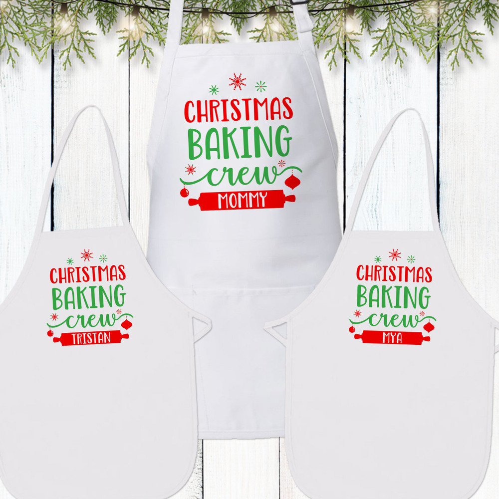 Christmas Baking Crew Custom Matching Family Aprons for Toddlers, Kids, Women and Men