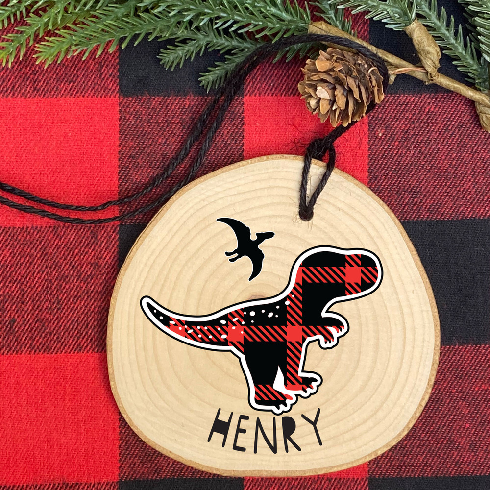 Plaid Dinosaur Personalized Wood Christmas Ornament - Rustic Holiday Ornaments for Children