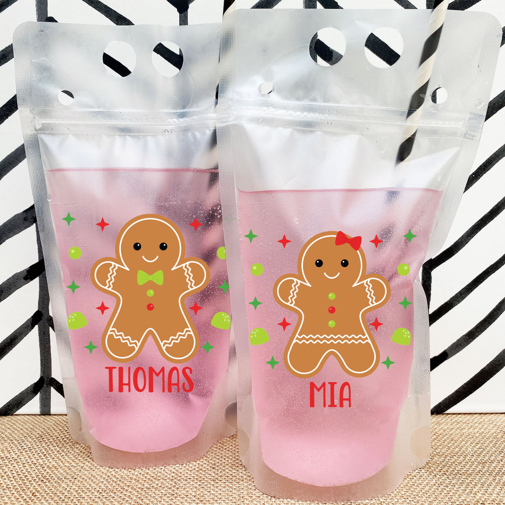 Personalized Christmas Juice Pouches for Kids with Gingerbread Cookie Design - Childrens Drink Pouches with Names - Plastic Drink Bags for Holiday Parties