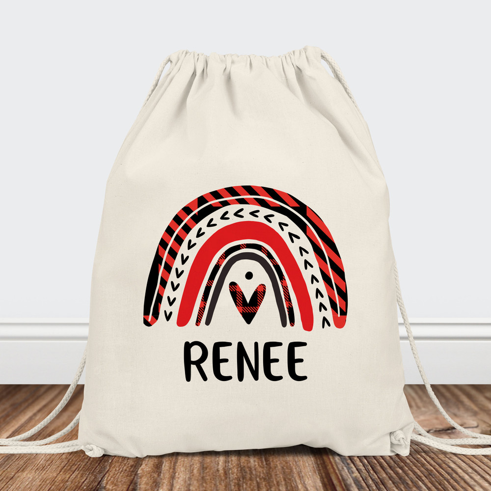 Personalized Drawstring Backpack: Red and Black Buffalo Check Plaid - Holiday Rainbow for Christmas or Winter Party Favors