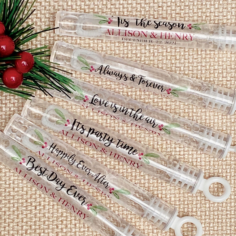 Custom Christmas Wedding Bubble Favor Labels  - Clear Custom Stickers for Bubble Wands & Tubes -  Bubble Favors for Holiday Wedding