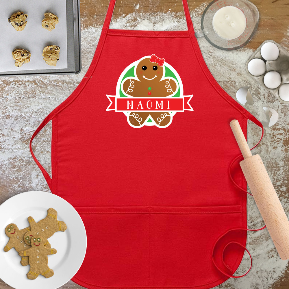Gingerbread Cookie Personalized Kids Christmas Apron - Custom Toddler Girl Holiday Cookie Baking Apron