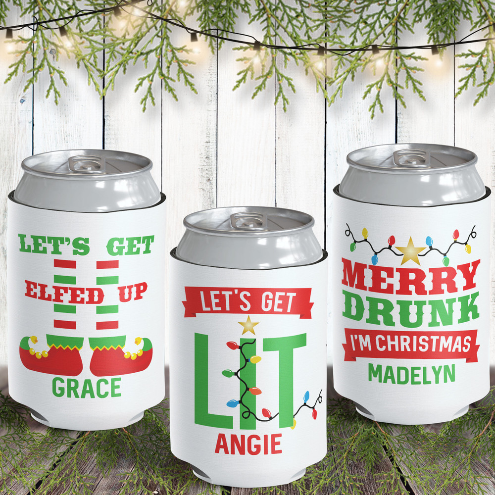 Let's Get Lit Custom Christmas Can Coolers - Personalized Holiday Party Favors - Bulk Christmas Can Sleeves for Beer or Hard Seltzer