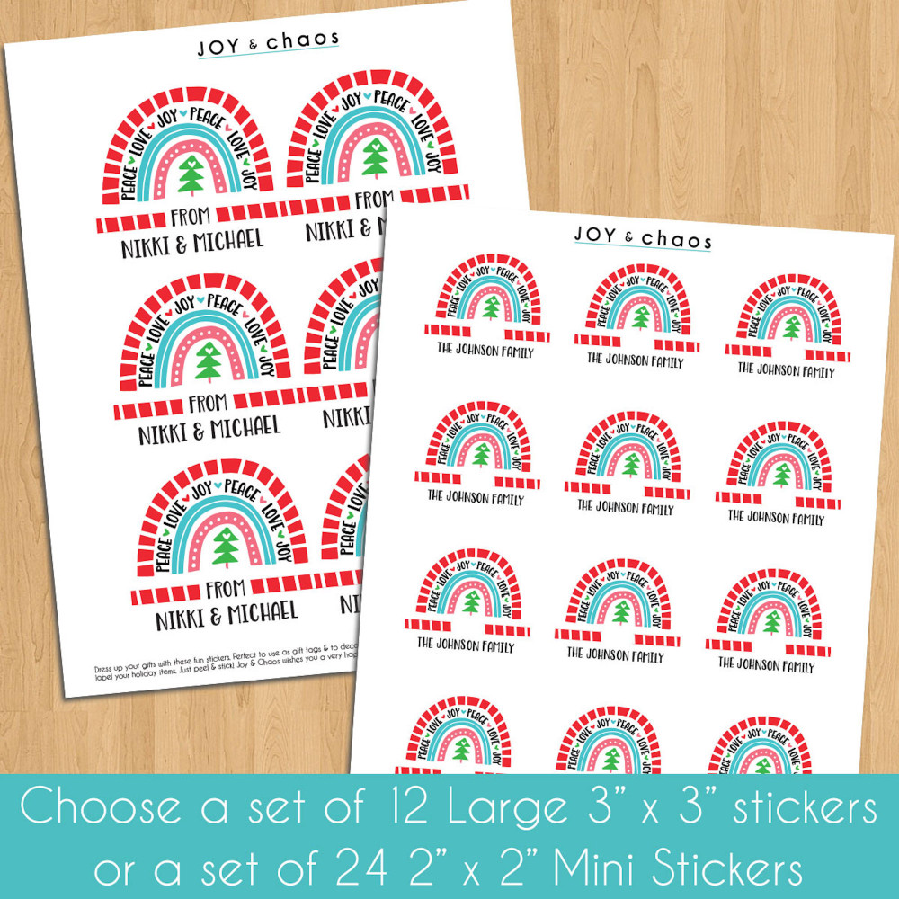 Mod Holiday Rainbow Personalized Gift Labels - Custom Christmas Gift Sticker Set - Pre-Printed To and From Holiday Gift Wrap Labels