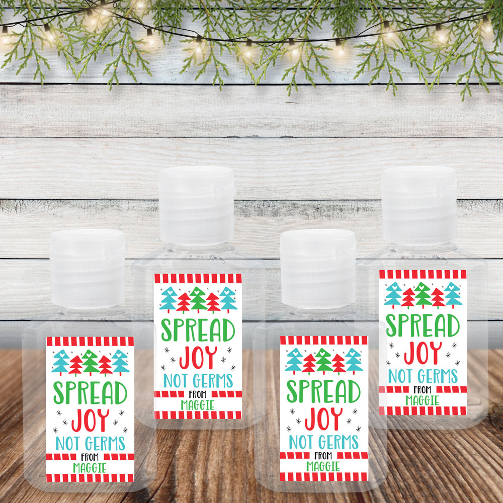 Custom Christmas Hand Sanitizer Labels & Travel Size Flip Top Bottles - Spread Joy Not Germs Personalized Holiday Favor Stickers for Sanitizers