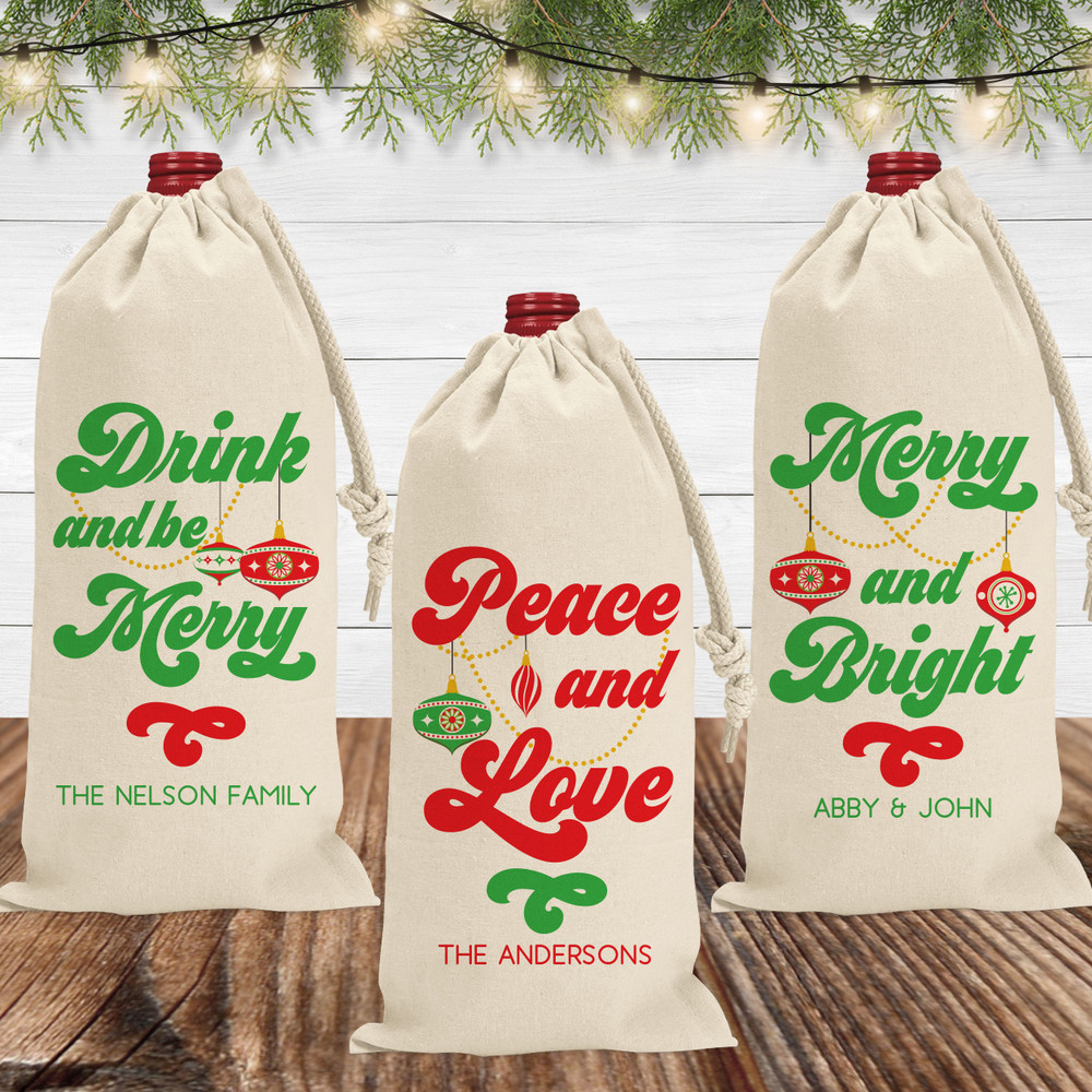 Custom Christmas Wine Bags - Personalized Canvas Wine Bags with Christmas Sayings - Bulk Holiday Wine Gift Bags - Christmas Alcohol Bottle Gift Bags - Peace & Love - Merry & Bright - Drink & Be Merry
