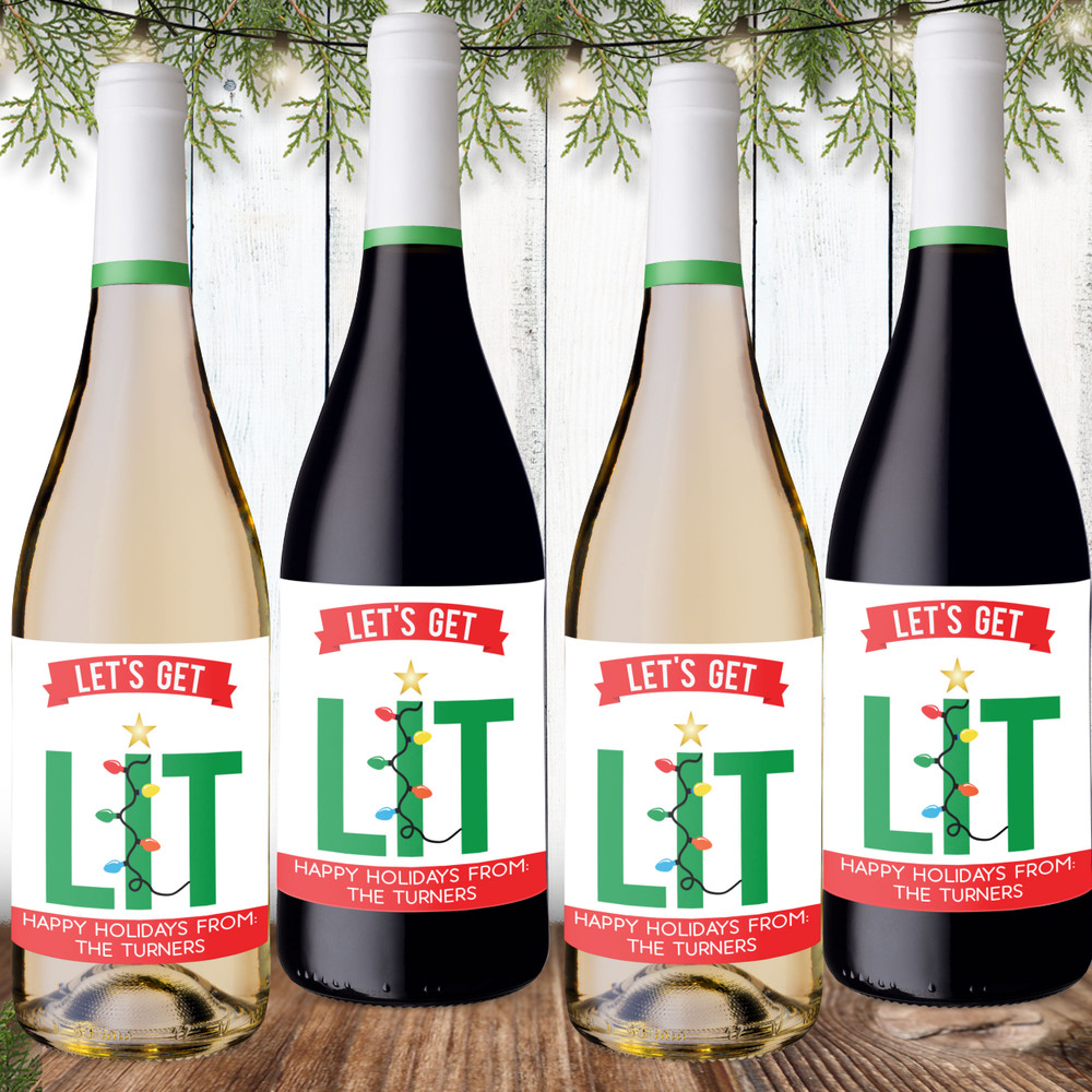 Custom Christmas Wine Labels - Personalized Funny Holiday Wine Bottle Stickers - Let's Get Lit