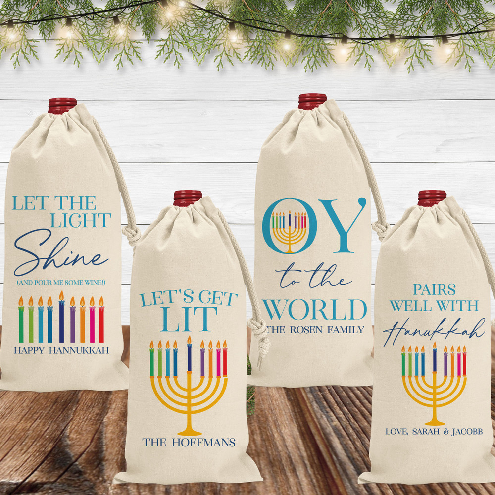 Hanukkah Personalized Canvas Wine Bags - Custom Hanukkah Wine Gift Bags - Bulk Hanukkah Alcohol Bottle Bags - Oy to the World - Let's Get Lit Menorah - Pairs well with Hanukkah - Let the Light Shine