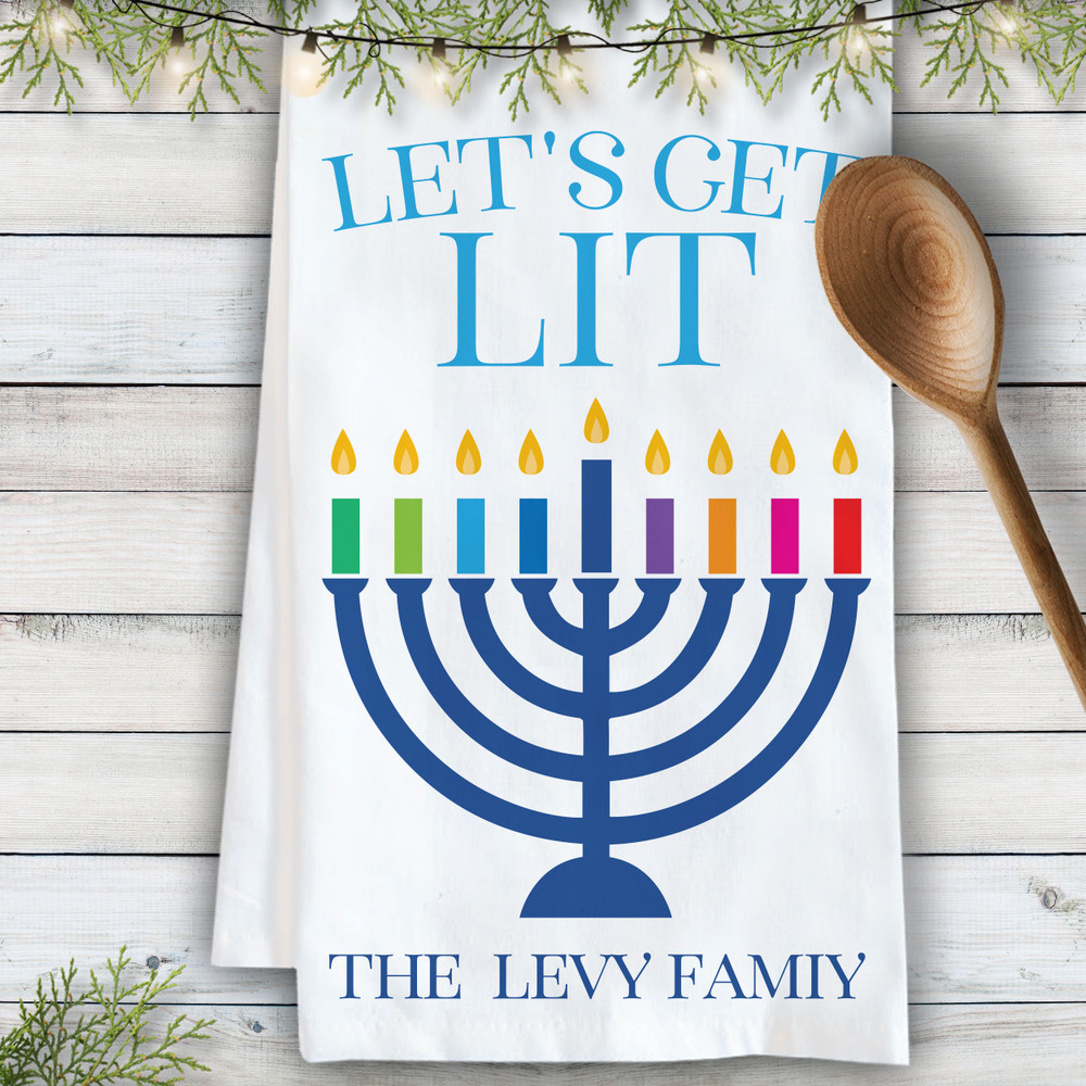 Love + Light  Custom Hanukkah Tea Towel with Menorah Design -  Personalized Hanukkah Home Decor - Monogrammed Cotton Dish Cloths + Kitchen Towels