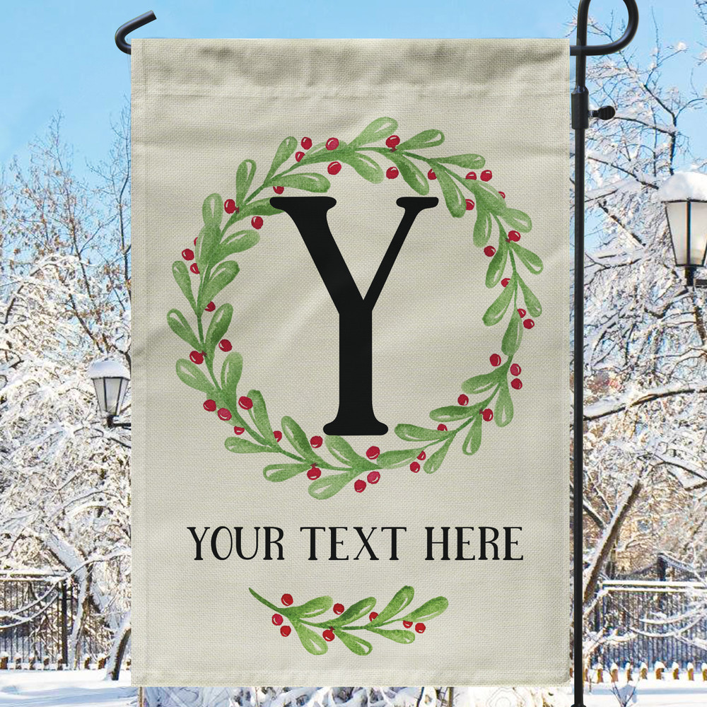 Watercolor Holly Monogrammed Faux Linen Garden Flag