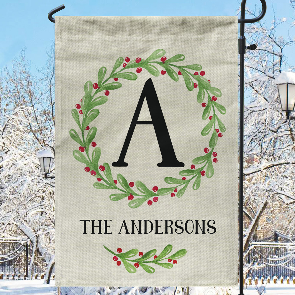Watercolor Holly Monogrammed Faux Linen Garden Flag