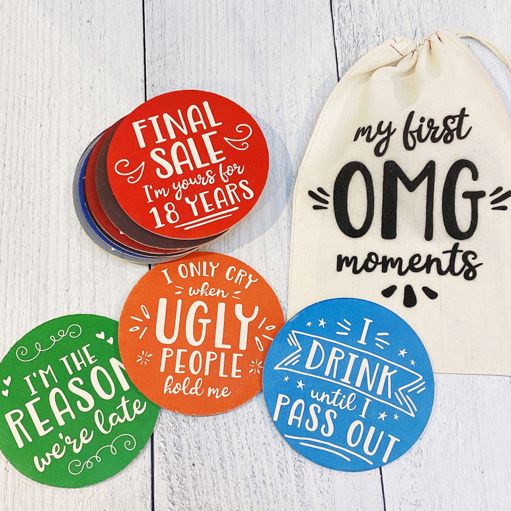OMG Moments Newborn Baby Boy Wooden Milestone Photo Prop Cards - Funny Wood Round Baby Milestones