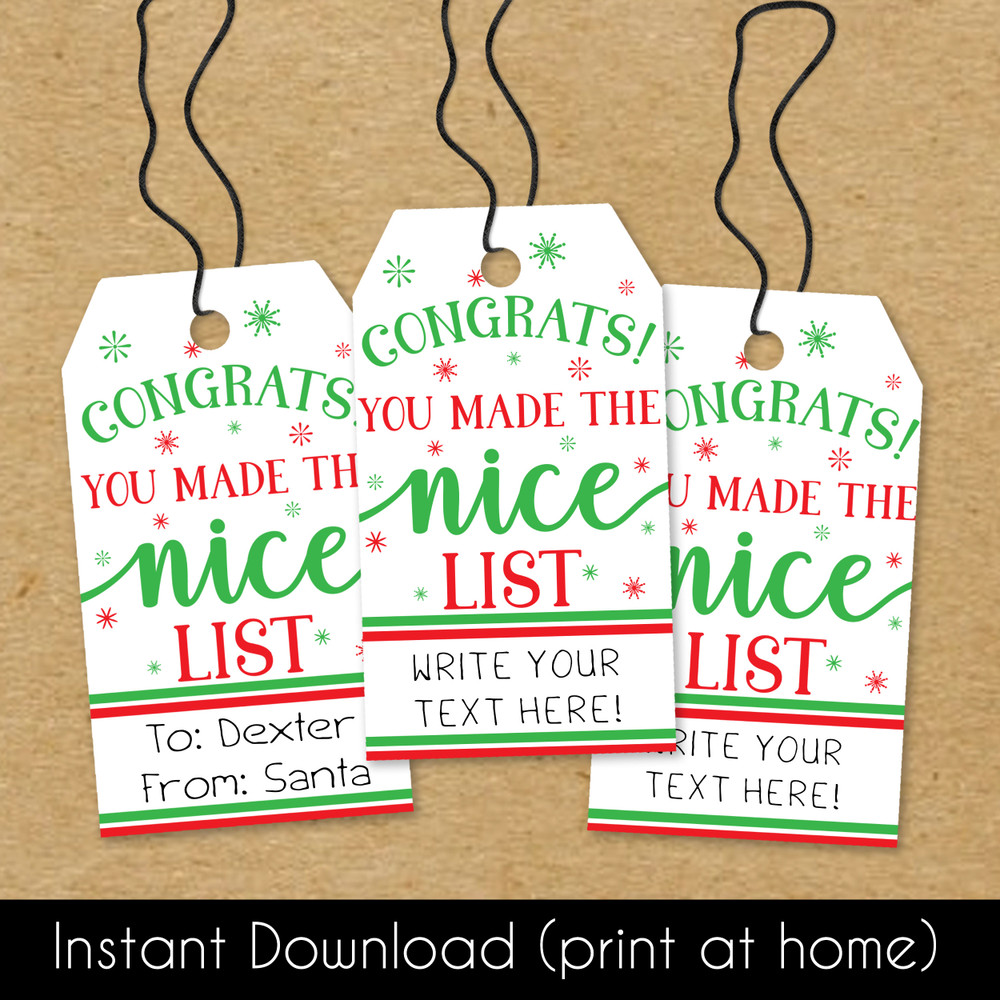 Nice List Printable Christmas Gift Tags (Instant Download) - Digital File to Print at Home - Funny Holiday Hang Tags - Gift Wrap To and From Labels