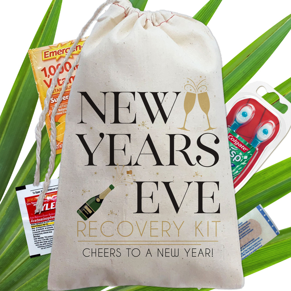 New Years Eve Custom Recovery Kit Bags - Personalized New Years Eve Hangover Recovery Kit Canvas Favor Bags