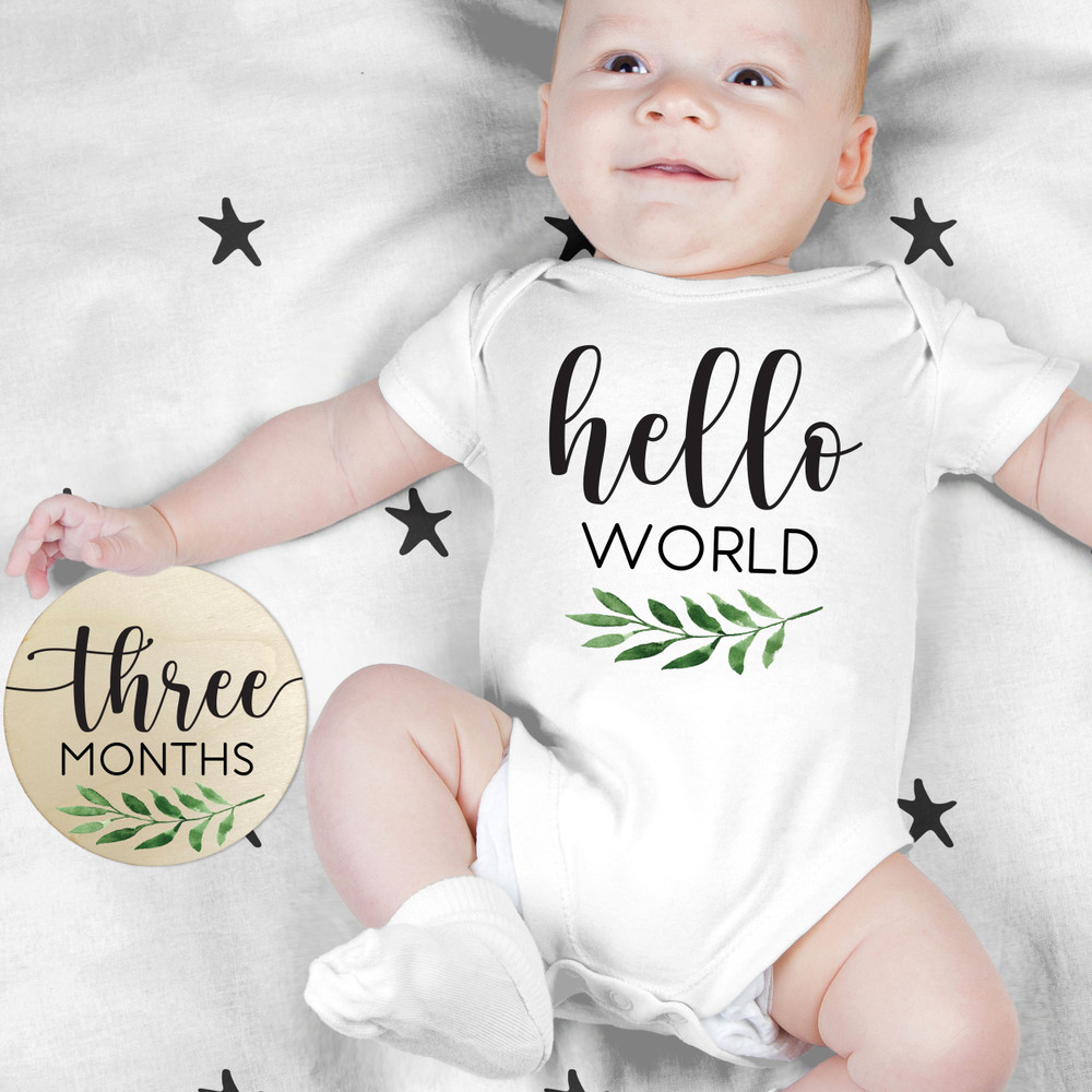 Personalized Hello World Baby Announcement Bodysuit  Gift Set - Wooden Monthly Milestone Photo Props - Newborn Baby Month Cards - Wood Round Baby Milestone Set - Baby's First Year Photos