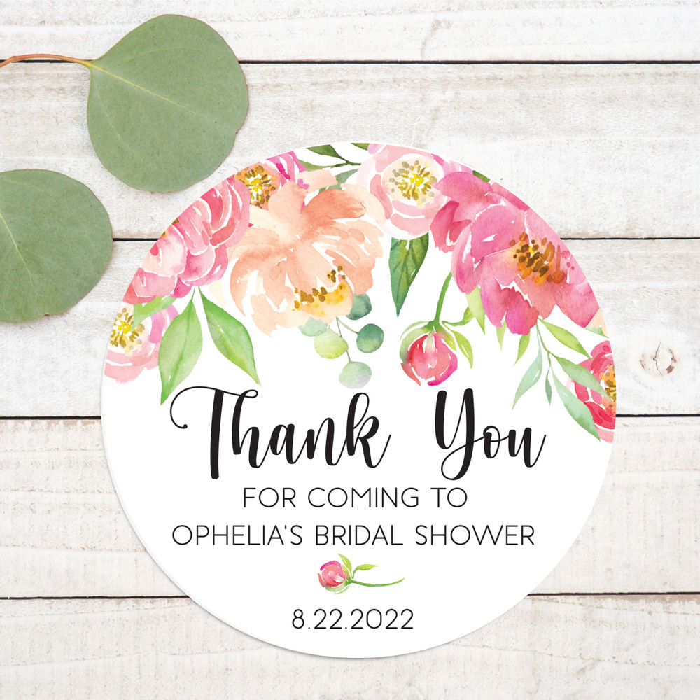 Floral Bridal Shower Favor Labels- Pink and Peach Peony - Spring and Summer Flower Design Bridal Shower Supplies - Custom Floral Bridal Shower Thank You Stickers